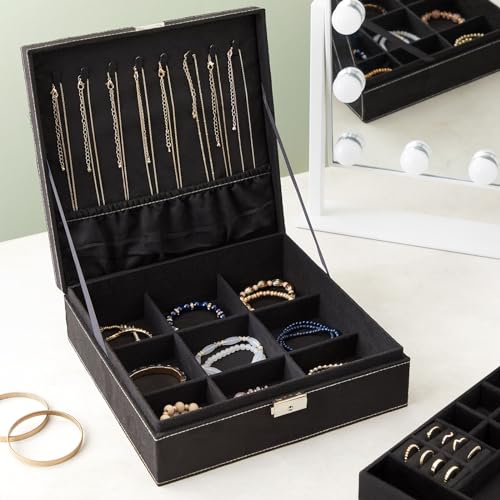 Juvale Jewelry Box for Men - 10.5 x 10.5 x 3.5 in, Black Velvet - Locking 2-Layer Travel Jewelry Organizer & Earring Holde...