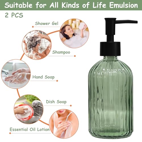 Green Glass Soap Dispenser Set with Black Pump, 13.5oz Refillable Liquid Hand Soap Dispenser, Lotion Dish Soap Dispenser f...