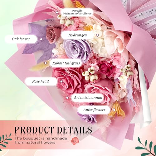 Preserved Flowers Roses Bouquet with Vases Real Pink Flowers for Delivery Prime, Forever Glitter Rose Bouquets Kit,Handmad...
