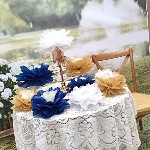 Mybbshower 12 PCS Navy Blue Gold Tissue Paper Flowers for Birthday Baby Bridal Shower Wedding Bachelorette Navy Blue Anniv...