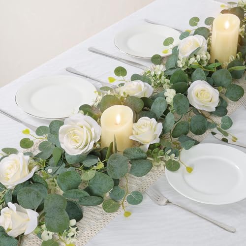 TOCHGREEN 4Pcs(26 Ft) Artificial Eucalyptus & White Rose Flower Garland, Faux Rose Vine & Gypsophila Greenery for Party & ...