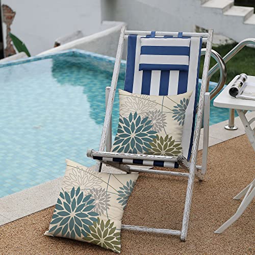 Blue Army Green Outdoor Pillow Covers Set of 2 18X18 Inch Teal Floral Elegant Polyester Flower Pillow Case Outdoor Waterpr...