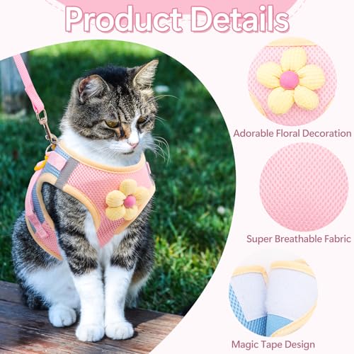 Cat Harness and Leash Set Escape Proof, Adjustable Cat Vest Harnesses Soft Kitten Harness Reflective Strips Jacket with Fl...