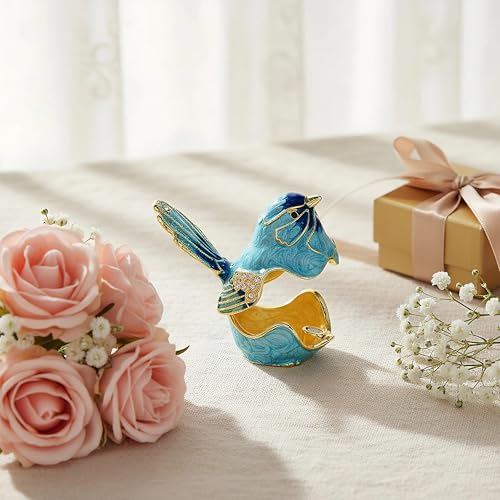 YU FENG Enamel Bird Trinket Box Jewelry Organizer, Hand Painted Decorative Hinged Keepsake Box – Blue Bird