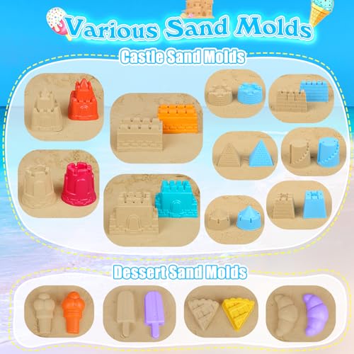 FUSPWEAO Beach Toys Sand Toys for Kids, Sand Castle Toys for Beach with 2 Castle Bucket and Mesh Bag, Sand Molds, Shovels ...