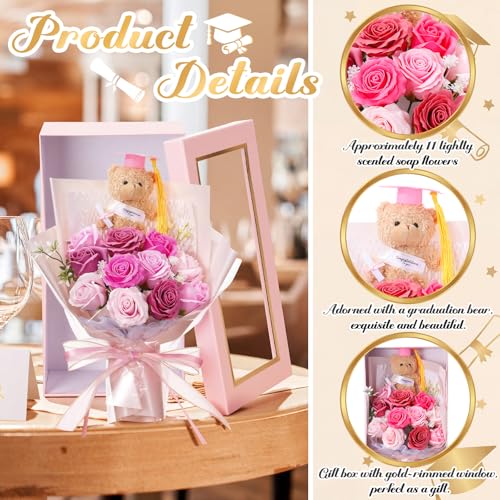 Tigeen 3 Pcs Graduation Gift Bear Flower Bouquet Set, Artificial Soap Rose Bouquet with Mini Plush Graduation Bear, Greeti...