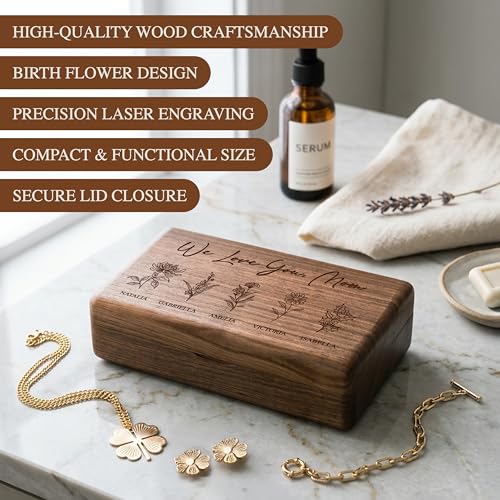 Customization Mill Personalized Wooden Jewelry Box with 1 Custom Birth Flower - Engraved Keepsake Organizer for Rings & Ne...