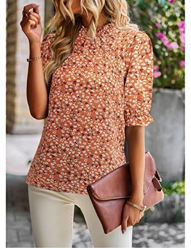 ZILIN Women's Summer Boho Floral Shirt Top Ruffle Mock Neck Puff Short Sleeve 2026 Casual Blouses