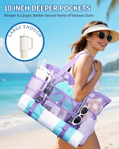 WANDF Mesh Beach Bag for Women, Large Beach Tote Bags with 40oz Tumbler Side Pockets, Family Pool Bag for Swim Toys Towels...