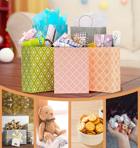 12 Pack 13" Large Kraft Paper Gift Bags Assortment with Tissue Paper & Handles, 12 Unique Solid & Geometric Pattern Design...