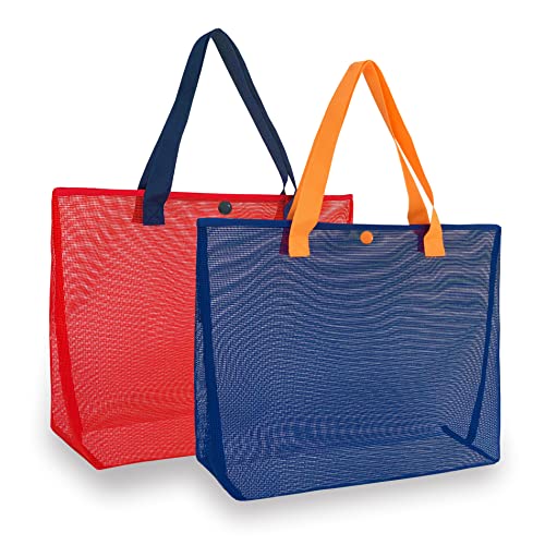 hsmyank 2Pack Large lightweight Simple Mesh Beach Tote Bag With snap Button Reusable Pool Bag for Outdoor Travel Shopping Gym