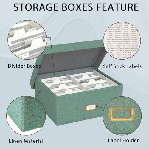 Decorative Photo Storage Box - Linen Photo Box Organizer with Dividers, Fits Holds Up to 1700 Pictures and 4x6 Photos, Mem...