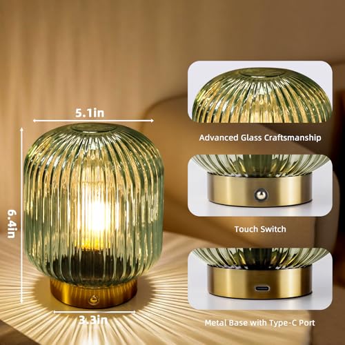 MJ PREMIER Rechargeable Table Lamp, Green Glass Lamp with Memory Function, Small Cordless LED Lamp with Dimmable Brightnes...