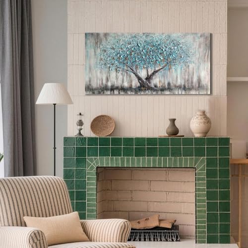 Arjun Tree of Life Wall Art Canvas for Living Room Blue Tree Nature Teal Painting, 50% Hand Painted Textured Picture Bedro...