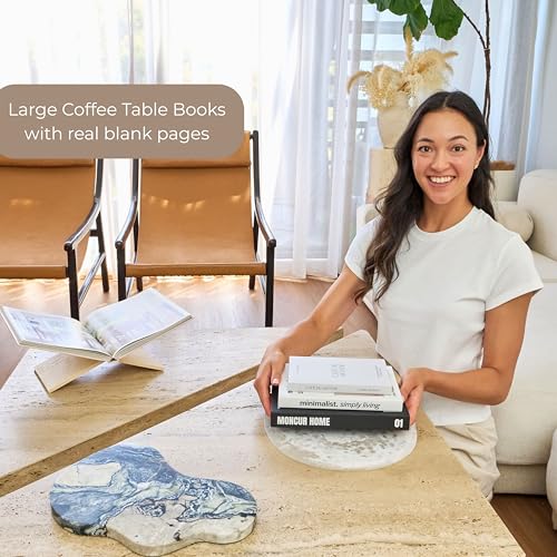 Decorative Coffee Table Books Set of 3 – Neutral Home Décor Beige Hardcovers with Removable Black & White Covers, Real Bla...