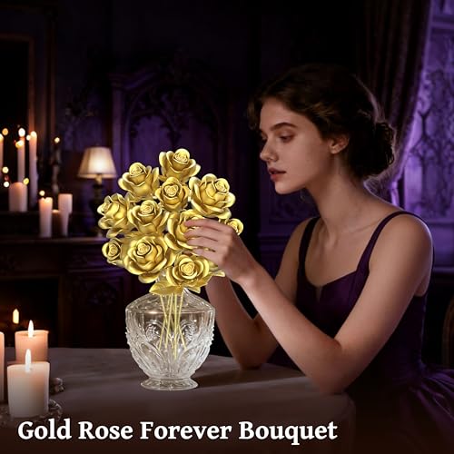 Metallic Gold Roses Flower Bouquet Building Sets, 670Pcs Golden Roses Botanical Collection Compatible with Lego Flowers Va...
