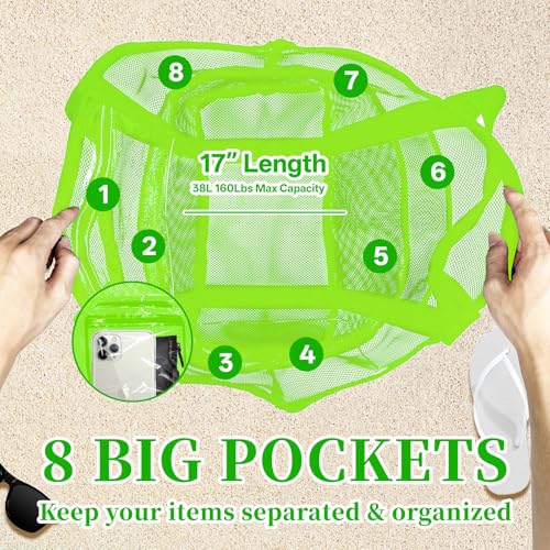 Yunaeduo Large Mesh Beach Bag - Lightweight & Foldable Family Beach Bag with 9 Pockets for Toys, Towels & Vacation Essentials