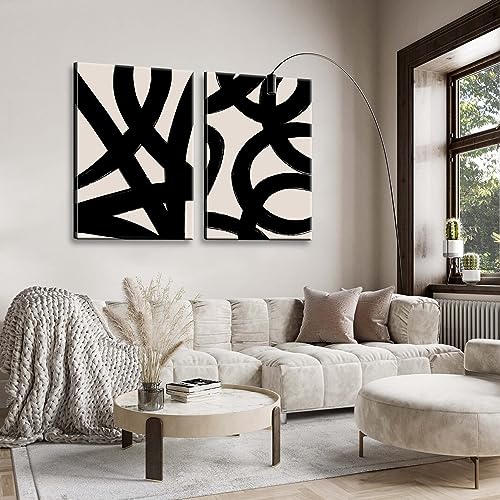 Framed Abstract Wall Art Canvas Set Lines Pictures Modern Mid Century Boho Wall Decor Minimalist Abstract Black Stroke Lin...