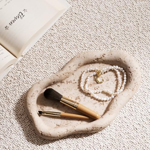 Cloud-Shaped Resin Jewelry Tray, Beige Travertine Vanity Tray for Bathroom Countertop, Trinket Candle Dish, Perfume Holde...