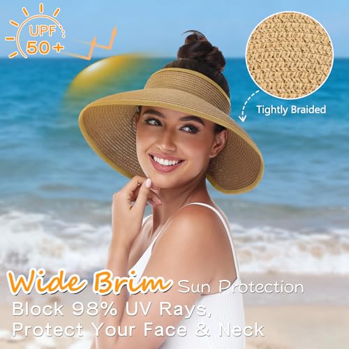 Sun Hats Visor for Women, UV UPF Straw Beach Hat Foldable Wide Brim Ponytail Summer Hats Packable Travel