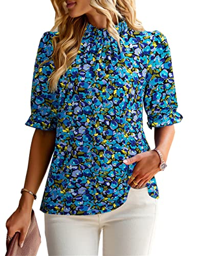 ZILIN Women's Summer Boho Floral Shirt Top Ruffle Mock Neck Puff Short Sleeve 2026 Casual Blouses