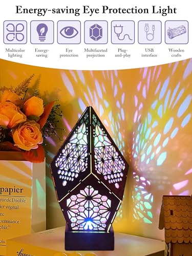 Starlight Projector Lamp,Boho Ambient Lighting Ceiling Projector Night Light, Wooden Colorful LED Lights for Bedroom Vinta...