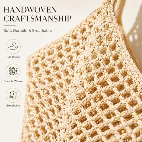 MBBEST Crochet Beach Bag for Women, Boho Mesh Knit Tote Purse, Handmade Cotton Summer