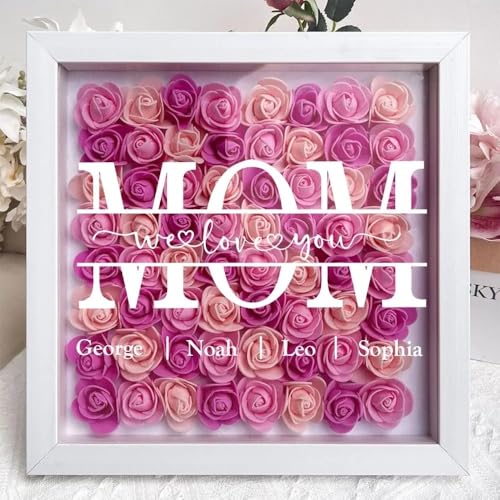 Mom, We Love You - Personalized Flower Shadow Box with LED Light, Personalized Mom Flower Shadow Box with Name for MOM Gra...