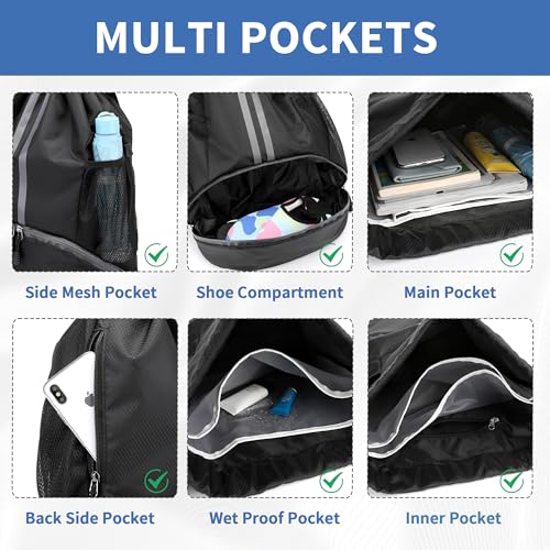 JELUTAR Drawstring Backpack Gym Bag with Shoes Compartment for Soccer, Basketball, Swim, Water-Resistant String Backpack B...