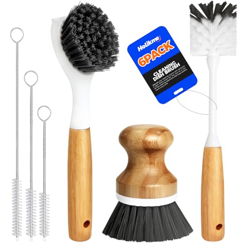 Holikme 6 Pack Dish Brush Scouring Pad Set with Bottle Brush, Dish Brush, Palm Scrub Brush and Straw Brush, Dish Scrubber ...
