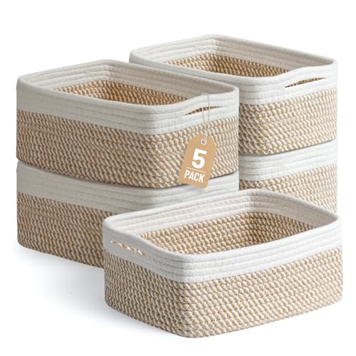 5 Pack Small Woven Storage Baskets for Shelves, Cotton Rope Baskets Organizer for Bathroom, Closet & Nursery, Decorative S...