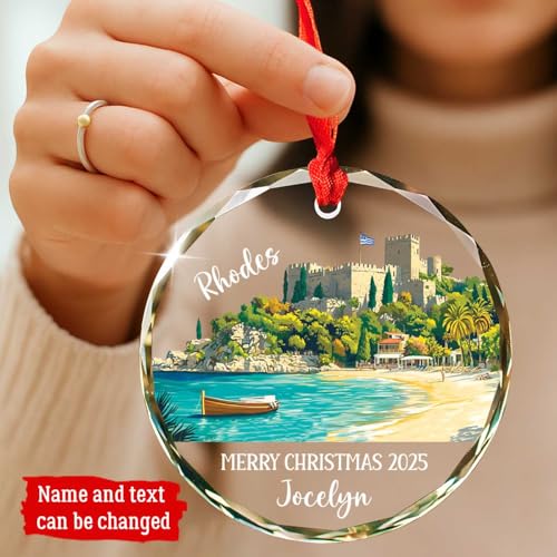 Greece Rhodes Beach Xmas Glass Ornament, City Travel Souvenir Collection Keepsake Gifts, Custom Text & Name Travel Enthusi...