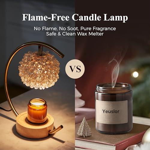 Yeuslor Gold Candle Warmer Lamp for Jar Candles with Adjustable Brightness＆Timer，Handcrafted Crystal＆Wooden Base, Luxuriou...