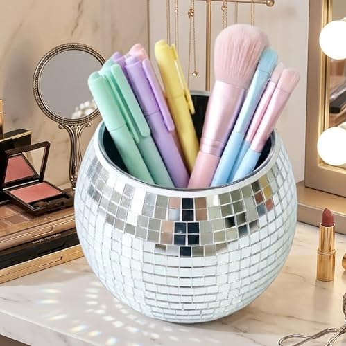 KAKUKAKU Disco Ball Makeup Brush Holder & Pen Cup - Fun Desk Accessories for Office, Cute Aesthetic Room Decor, Unique Gif...