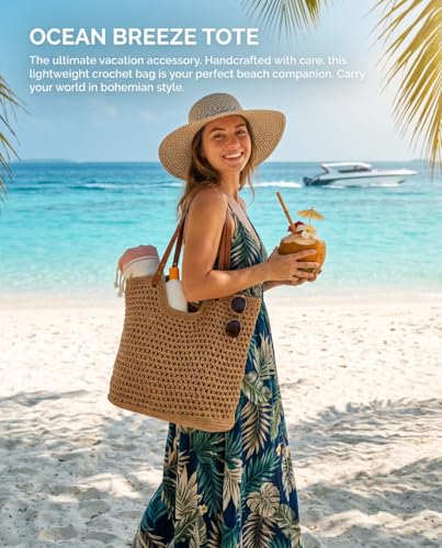 Crochet Beach Bags for Women, Reinforced Strap Woven Tote Bag with Zipper, Lined Boho Summer Vacation Travel Purse
