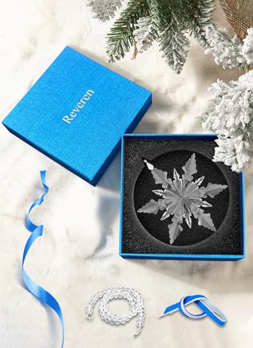 Crystal Snowflake Ornament, Clear Faceted Crystal Ornament with Chain and Rayon Ribbons, Christmas Tree Hanging Decoratio...