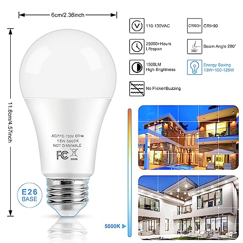 LED Light Bulbs, 100 Watt Equivalent A19, 13W 5000K Daylight White 1500 Lumens Non-Dimmable Bright E26 Edison Medium Screw...