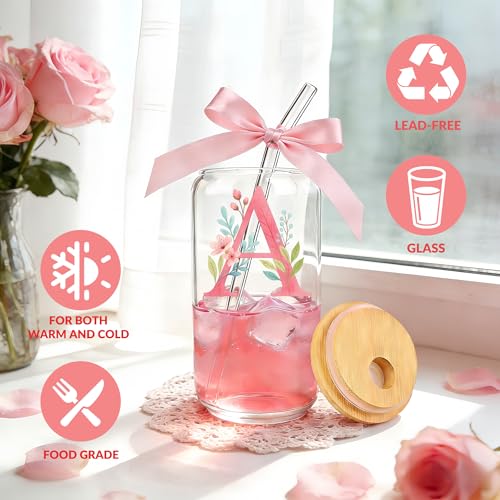 YSDZDM Personalized Initial Gifts Set For Women Customized Monogrammed Glass Cups with Bamboo Lids and Straws Cute Floral ...
