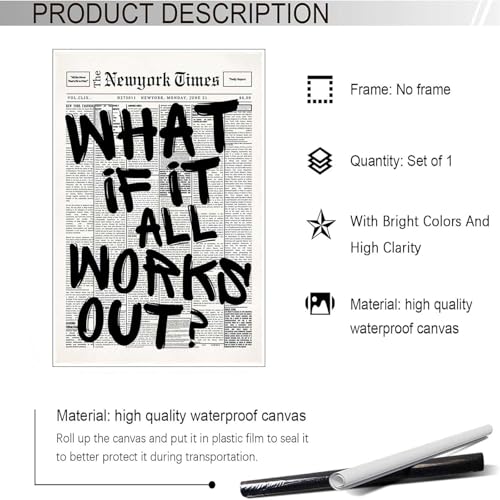 Retro Black And White Newspaper Poster What If It All Works Out Canvas Wall Art Positive Affirming Quote Minimalist Prints...