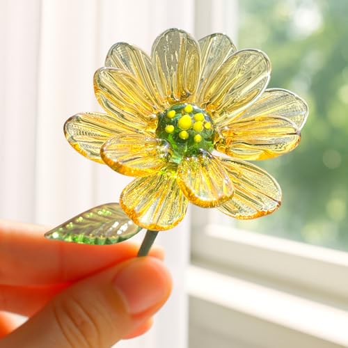 Luvlewen Glass Birth Month Flower, Handmade Glass Flower Birthday Gift for Mother Father Friends (October - Marigold)