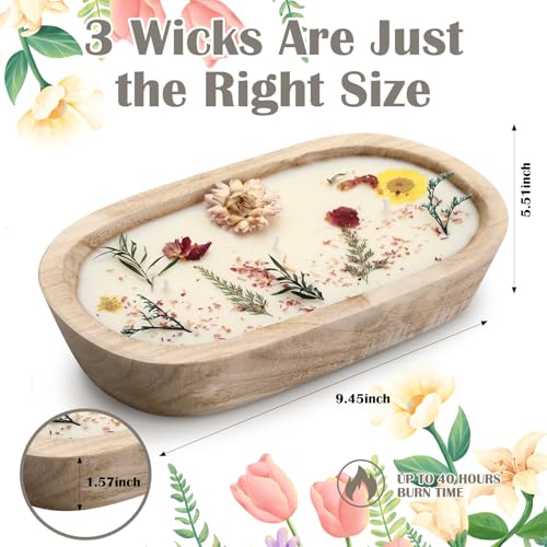 Conelist 9.45'' Large Botanical Scented Bowl Candle Gift for Women Dried Flowers Wooden Dough Bowl Soybean Wax Candles for...
