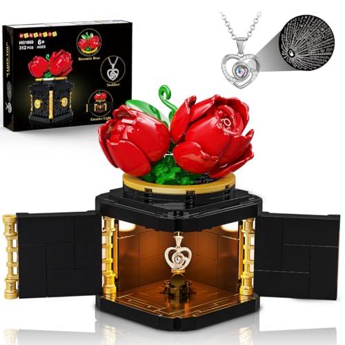 HOGOKIDS Flowers Box Building Set with LED & Necklace, for Mom/Wife, 312PCS Preserved Rose with Heart Necklace for Adults ...