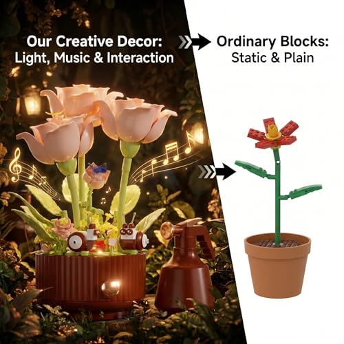 Magical Blooming Rose Building Set - Electric Flower Blocks with Opening Petals,with Interactive Sound & LED Lights,Romant...