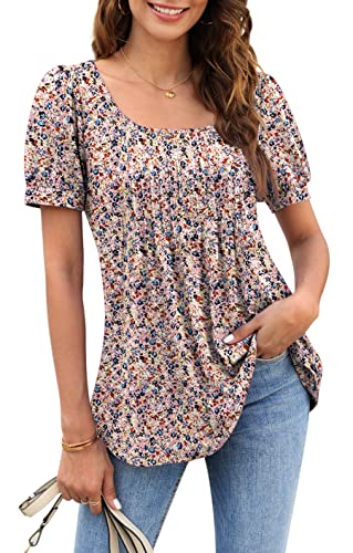 Zwurew Women's Summer Casual Puff Short Sleeve T-Shirts Square Neck Pleated Flowy Trendy Tunic Tops for Leggings S-2XL