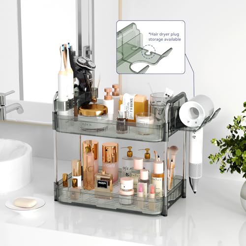 AmzAge Bathroom Counter Organizer, 2 Tier Makeup Skincare Storage Tray with Hair Dryer Holder and Toothbrush Rack, Perfume...