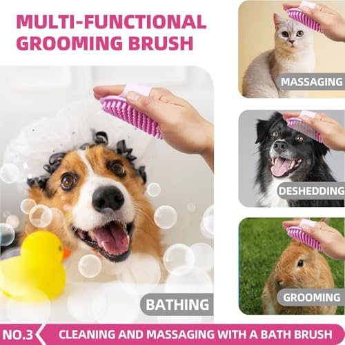 Bath Grooming Kit for Pets - Hair Brush Set with Towel, Washing Gloves, and Shampoo Scrubber Brush for Dogs and Cats (Pink)