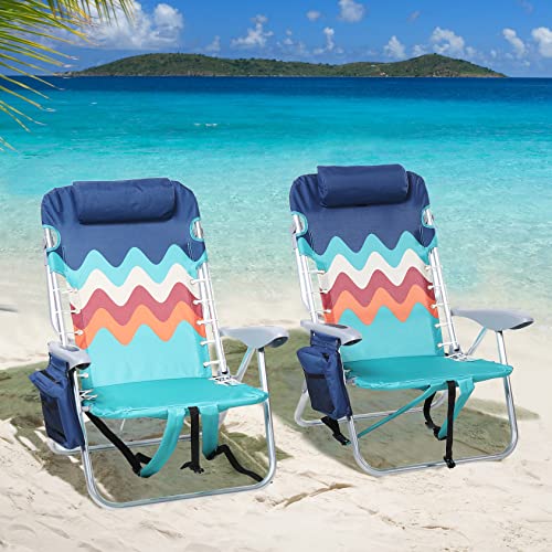 LET'S CAMP Backpack Beach Chair Set of 2, 4-Position Classic Lay Flat, Pillow and Padded Shoulder Straps, Storage Pouch an...