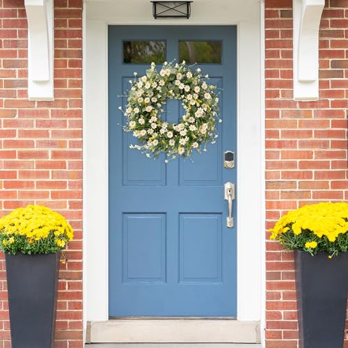 Sggvecsy White Daisy Wreath 24 Inch with Fake Silk Floral Green Eucalyptus Leaves and Lavender for Spring Summer Front Doo...