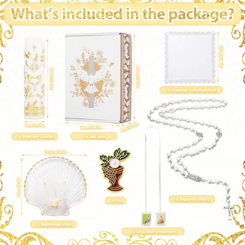 Liliful 7 Pcs First Communion Candle Gift Set, Catholic Baptism Holy Spirit Candle Towel Shell Rosary Set, Velas para Baut...