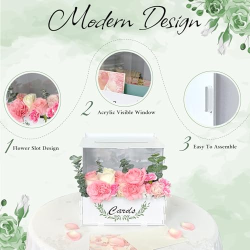 OurWarm Wooden Wedding Card Box with Acrylic Board & Flower Trough, White Gift Card Box for Wedding, Envelope Boxes for Gi...